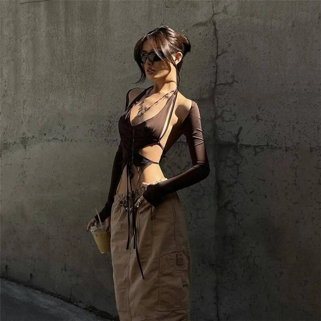 Backless Long Sleeve Crop Tops - Women’s Clothing & Accessories - Long - Asymmetric - Crop Tops - 22