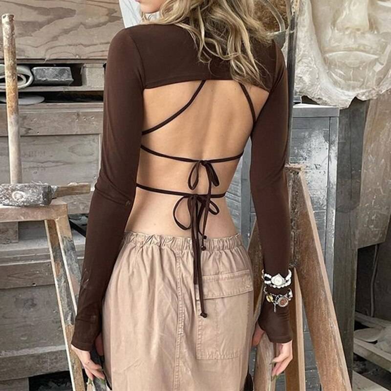 Backless Long Sleeve Crop Tops - Women’s Clothing & Accessories - Clothing Tops - 23 - 2024