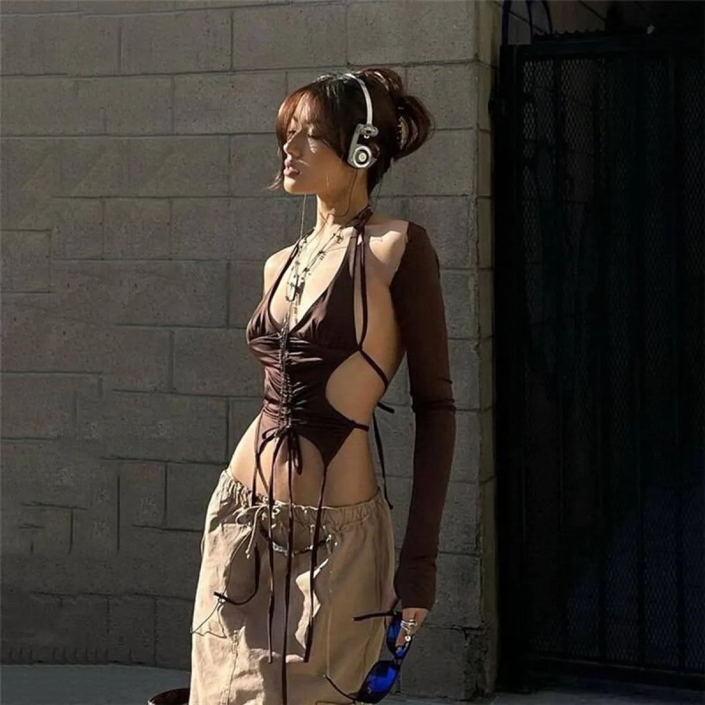 Backless Long Sleeve Crop Tops - Women’s Clothing & Accessories - Long - Asymmetric - Crop Tops - 25