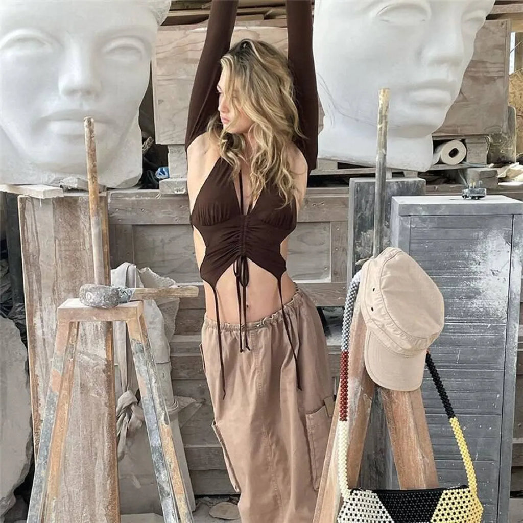 Backless Long Sleeve Crop Tops - Women’s Clothing & Accessories - Long - Asymmetric - Crop Tops - 28