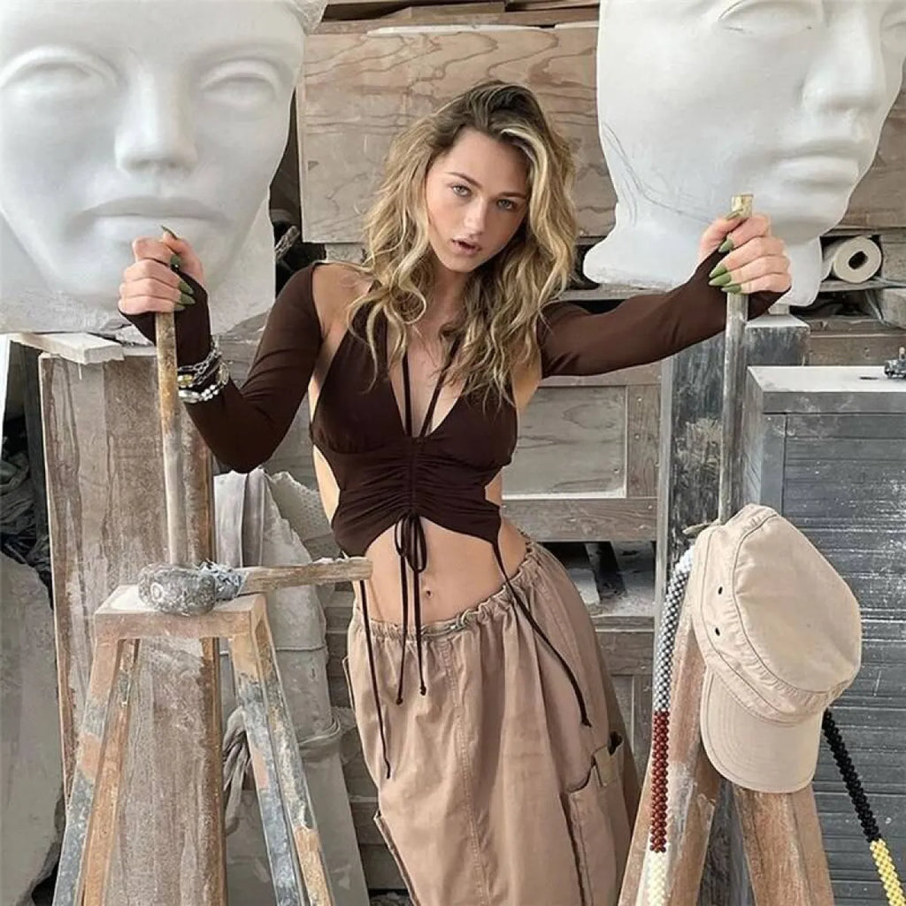 Backless Long Sleeve Crop Tops - Women’s Clothing & Accessories - Long - Asymmetric - Crop Tops - 30