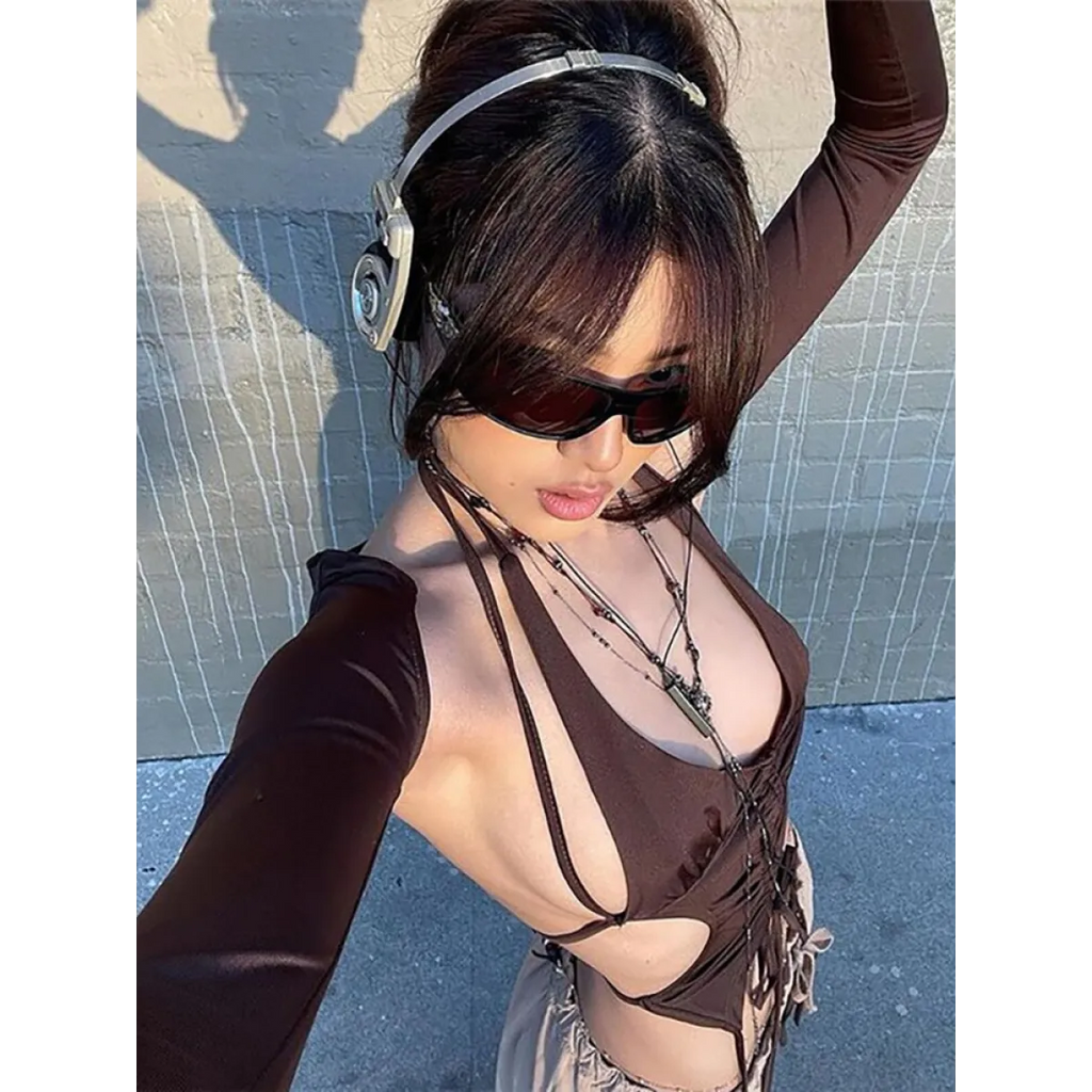 Backless Long Sleeve Crop Tops - Women’s Clothing & Accessories - Long - Asymmetric - Crop Tops - 32