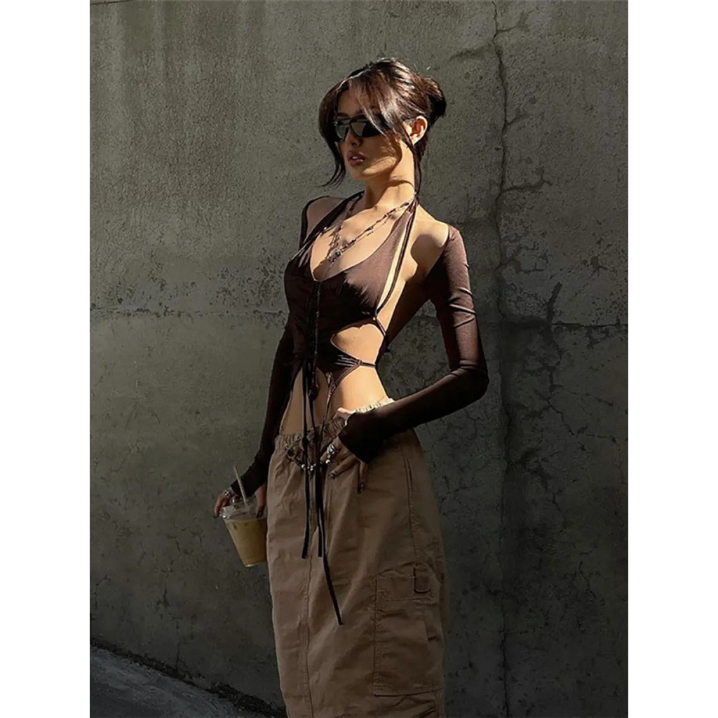 Backless Long Sleeve Crop Tops - Women’s Clothing & Accessories - Long - Asymmetric - Crop Tops - 4