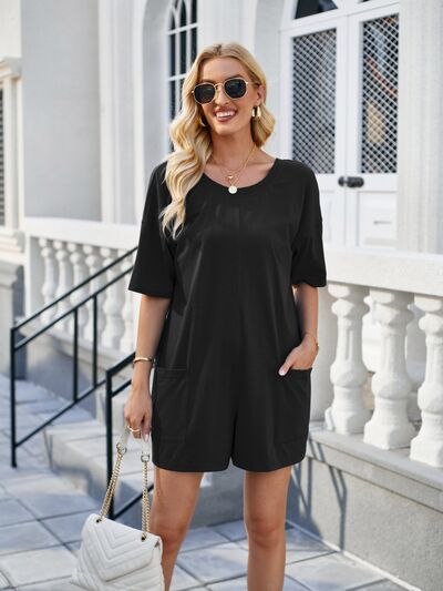 Backless Pocketed Round Neck Half Sleeve Romper - Black / S - All Products - Jumpsuits & Rompers - 7 - 2024