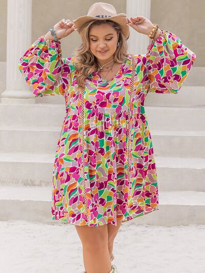 Plus Size Printed V-Neck Balloon Sleeve Mini Dress - Multicolor / 0XL - All Dresses - Dresses - 1 - 2024