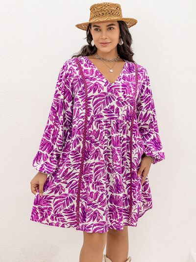 Plus Size Printed V-Neck Balloon Sleeve Mini Dress - All Dresses - Dresses - 11 - 2024