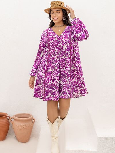 Plus Size Printed V-Neck Balloon Sleeve Mini Dress - All Dresses - Dresses - 12 - 2024