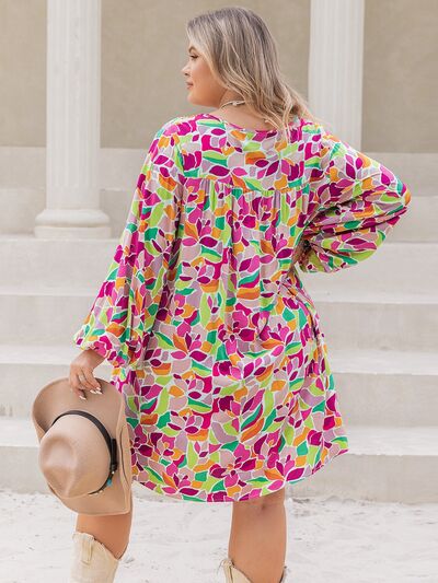 Plus Size Printed V-Neck Balloon Sleeve Mini Dress - All Dresses - Dresses - 2 - 2024