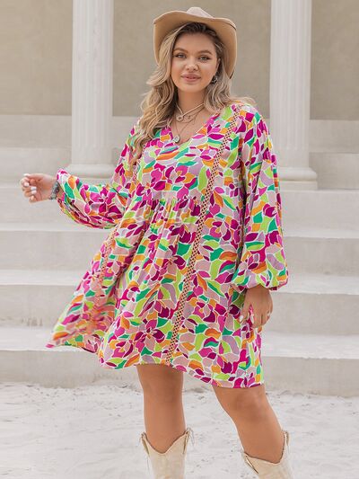 Plus Size Printed V-Neck Balloon Sleeve Mini Dress - All Dresses - Dresses - 3 - 2024