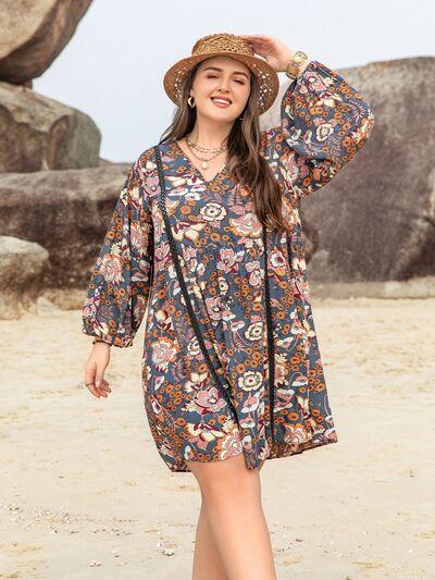 Plus Size Printed V-Neck Balloon Sleeve Mini Dress - Charcoal / 0XL - All Dresses - Dresses - 5 - 2024