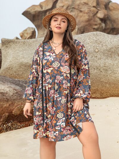 Plus Size Printed V-Neck Balloon Sleeve Mini Dress - All Dresses - Dresses - 7 - 2024