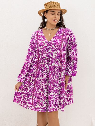 Plus Size Printed V-Neck Balloon Sleeve Mini Dress - Fuchsia / 0XL - All Dresses - Dresses - 9 - 2024