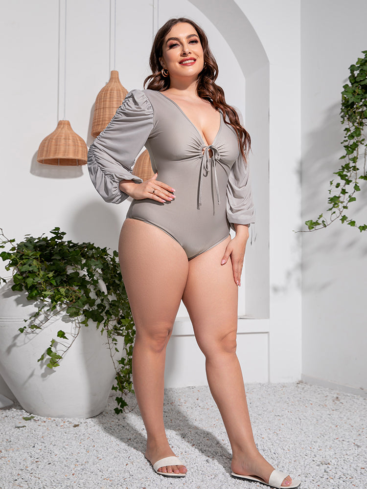 Plus Size Tied Deep V Balloon Sleeve One-Piece Swimsuit - Women’s Clothing & Accessories - Swimwear - 10 - 2024