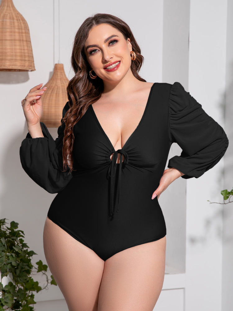 Plus Size Tied Deep V Balloon Sleeve One-Piece Swimsuit - Women’s Clothing & Accessories - Swimwear - 3 - 2024