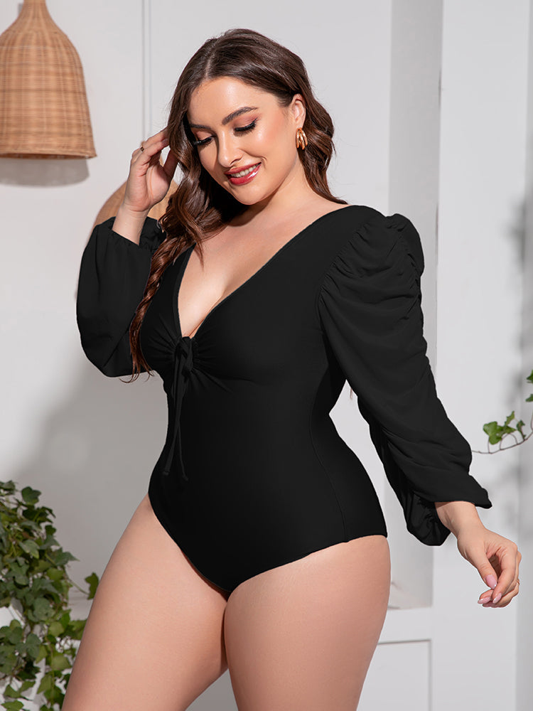 Plus Size Tied Deep V Balloon Sleeve One-Piece Swimsuit - Women’s Clothing & Accessories - Swimwear - 4 - 2024