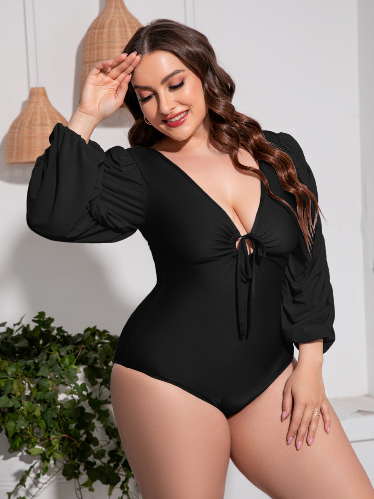 Plus Size Tied Deep V Balloon Sleeve One-Piece Swimsuit - Women’s Clothing & Accessories - Swimwear - 5 - 2024