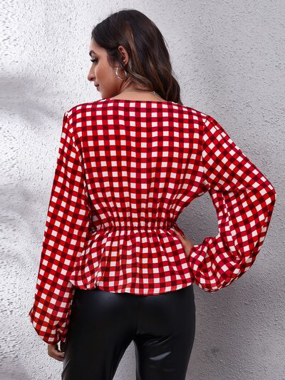 Plaid V-Neck Balloon Sleeve Peplum Blouse - Women’s Clothing & Accessories - Shirts & Tops - 2 - 2024