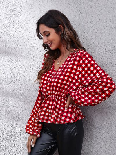 Plaid V-Neck Balloon Sleeve Peplum Blouse - Women’s Clothing & Accessories - Shirts & Tops - 3 - 2024