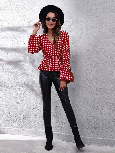 Plaid V-Neck Balloon Sleeve Peplum Blouse - Women’s Clothing & Accessories - Shirts & Tops - 5 - 2024