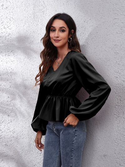 V-Neck Balloon Sleeve Peplum Blouse - Women’s Clothing & Accessories - Shirts & Tops - 10 - 2024