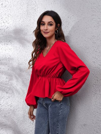 V-Neck Balloon Sleeve Peplum Blouse - Women’s Clothing & Accessories - Shirts & Tops - 13 - 2024