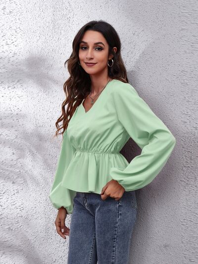 V-Neck Balloon Sleeve Peplum Blouse - Women’s Clothing & Accessories - Shirts & Tops - 16 - 2024