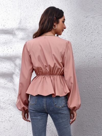 V-Neck Balloon Sleeve Peplum Blouse - Women’s Clothing & Accessories - Shirts & Tops - 2 - 2024