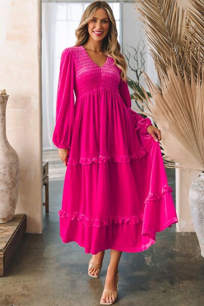 Frill V-Neck Balloon Sleeve Tiered Dress - All Dresses - Dresses - 4 - 2024