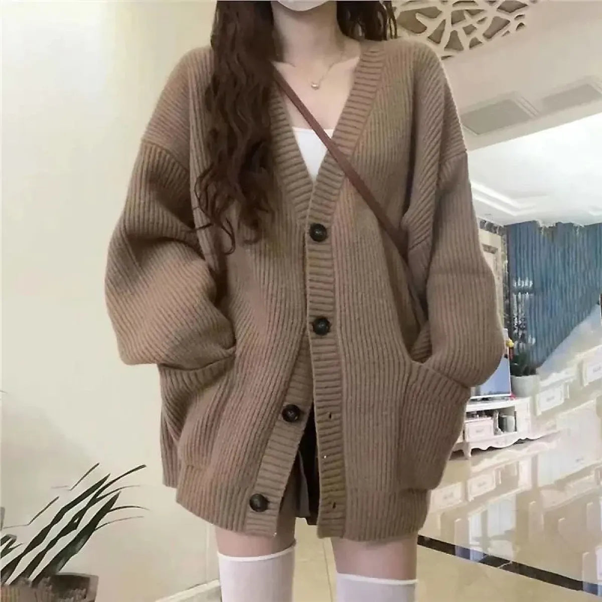 Oversized V-Neck Knit Cardigan Sweater - Sweaters - Cardigan - 1