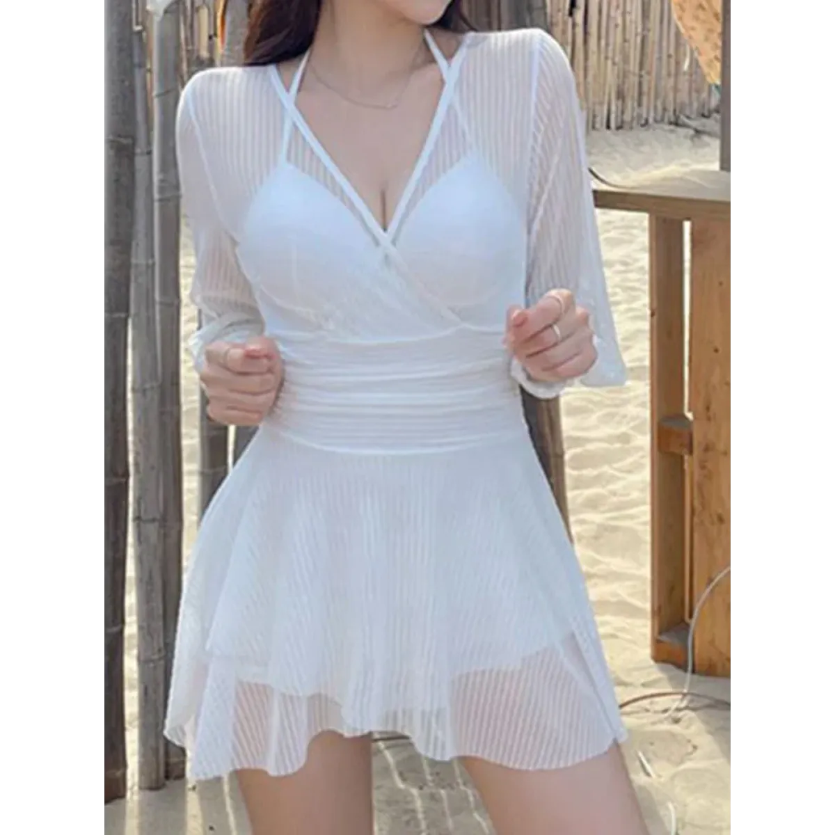 Mesh Low Cut Backless Swimsuit Korean Beach Dress 2025 – Kawaii Stop