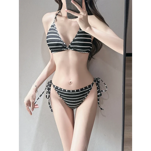 Striped Halter Bikini Set with Beach Shorts - Swimsuits - Swimsuits - 1