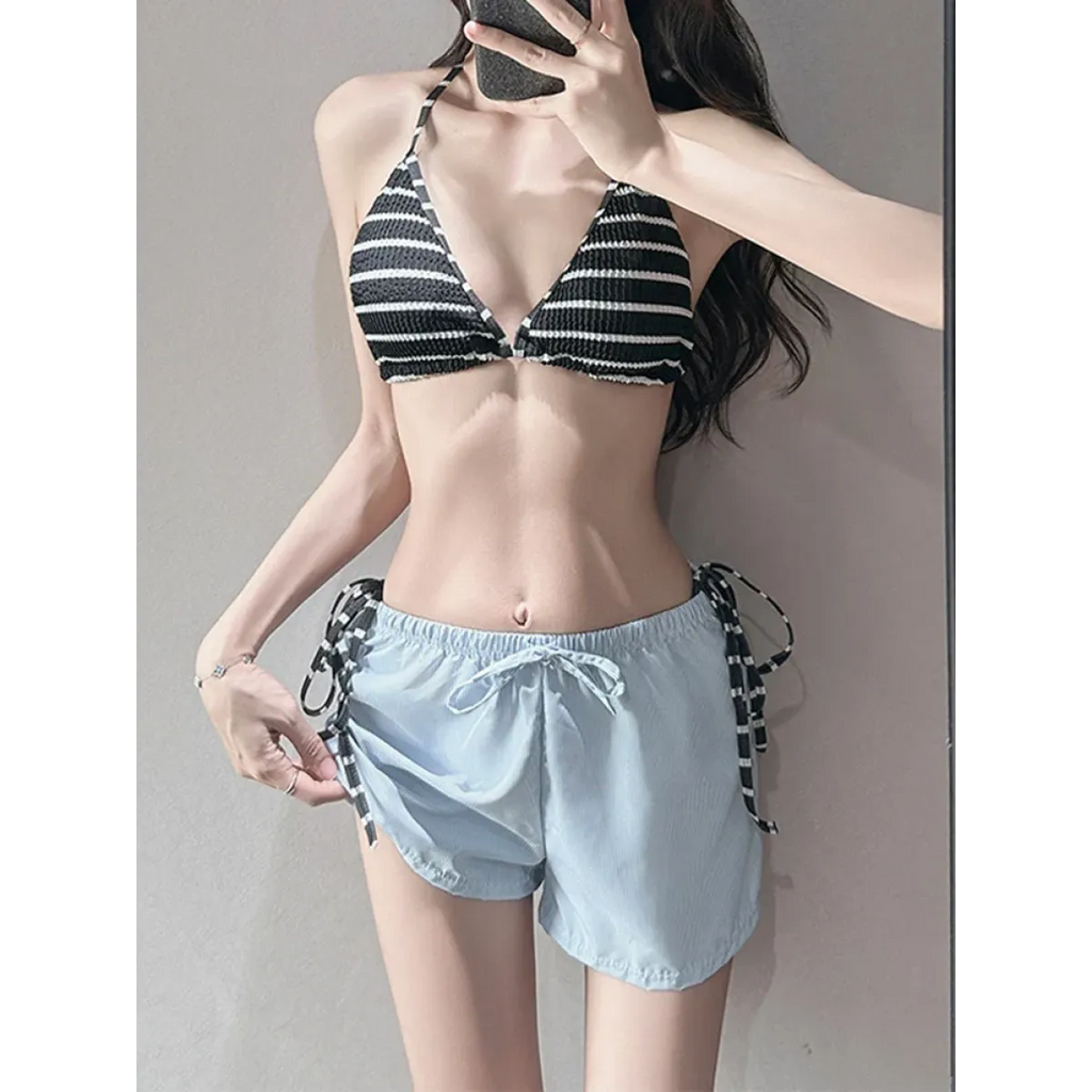Striped Halter Bikini Set with Beach Shorts - Swimsuits - Swimsuits - 5