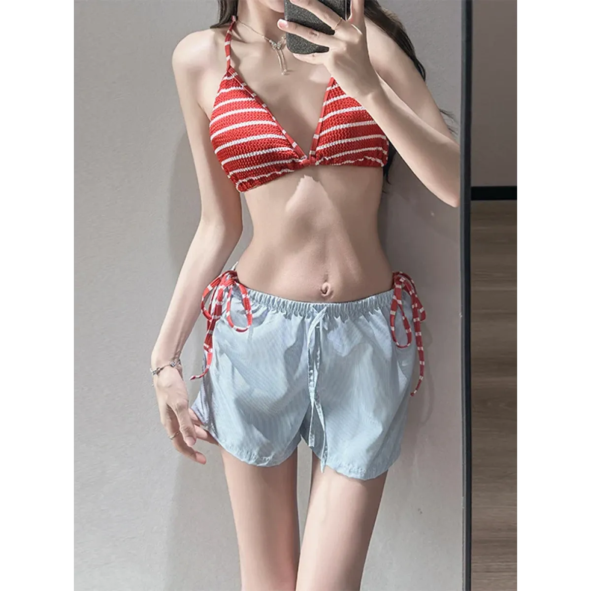 Striped Halter Bikini Set with Beach Shorts - Swimsuits - Swimsuits - 6