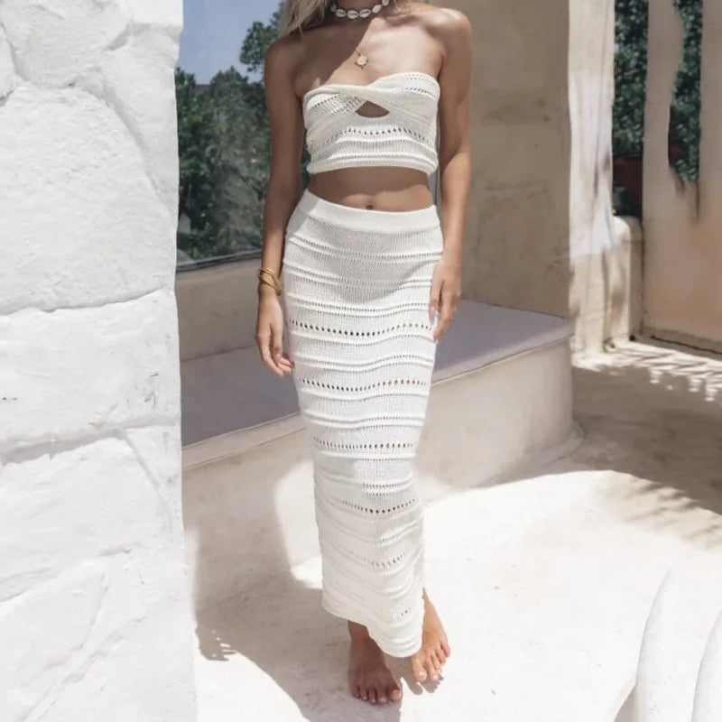 Beach Skirt Set: Sleeveless Tube Top with Drawstring Long Skirt - Bottoms - Outfit Sets - 5 - 2024