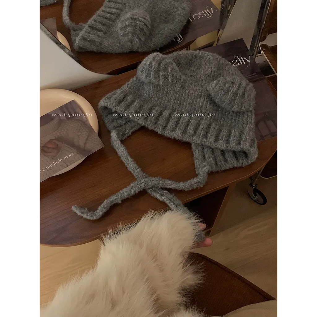 Plush Bear Ear Knit Beanie with Lace-Up Ties - Hoodies & Sweatshirts - Headwear - 12