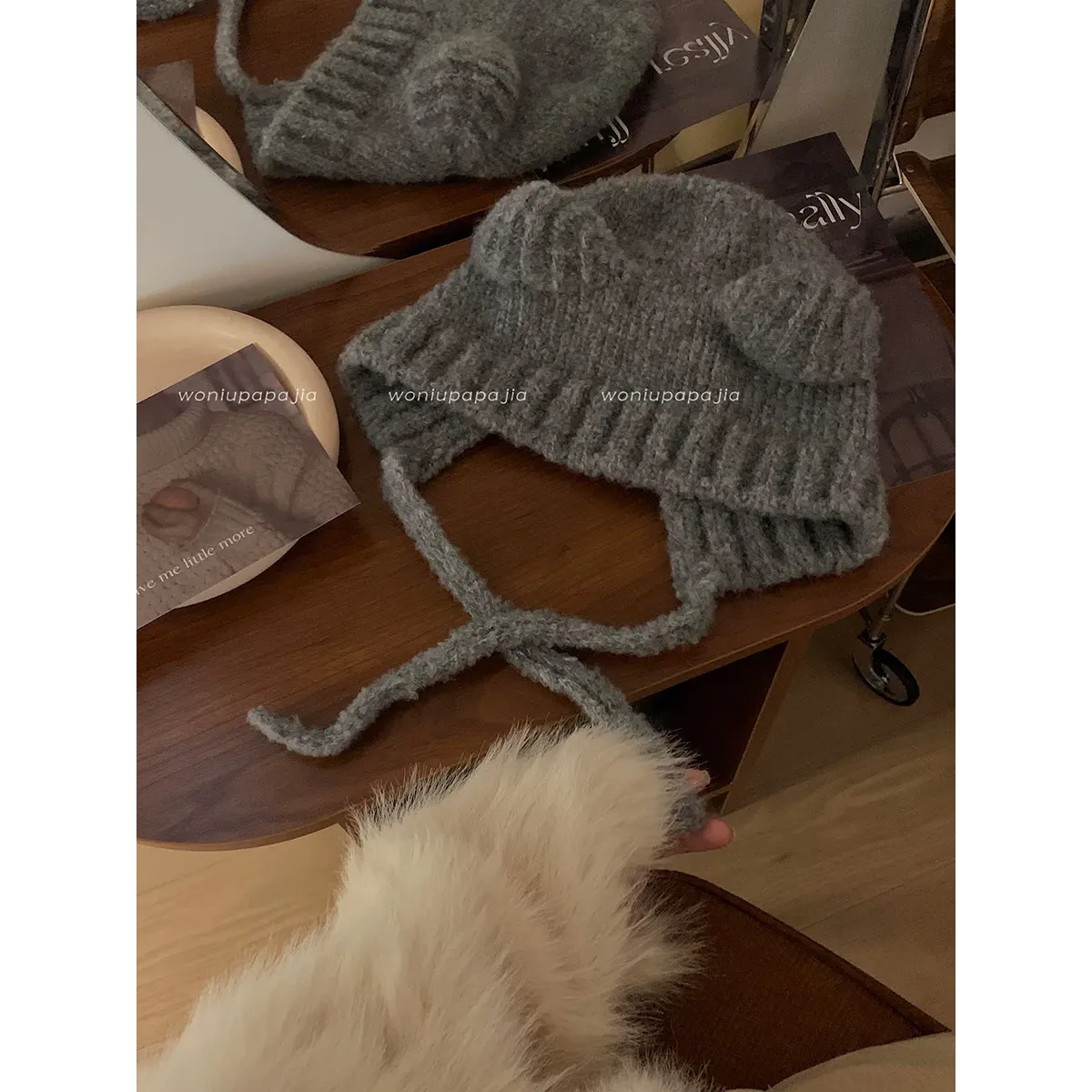 Plush Bear Ear Knit Beanie with Lace-Up Ties - Hoodies & Sweatshirts - Headwear - 12