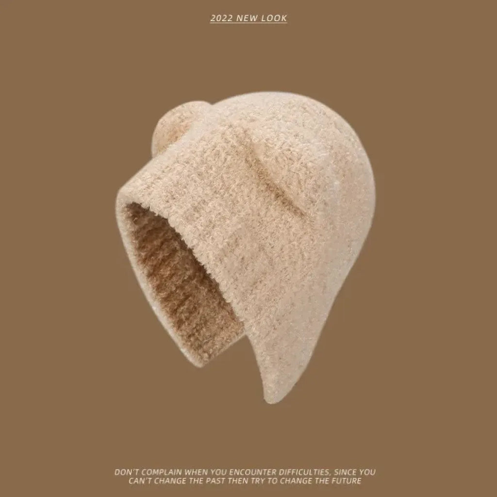 Plush Bear Ear Knit Beanie with Lace-Up Ties - Hoodies & Sweatshirts - Headwear - 7