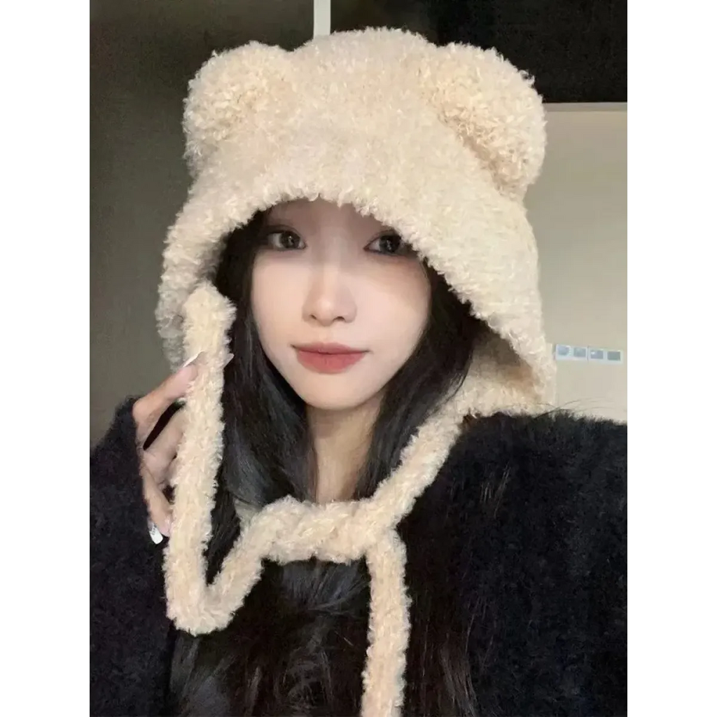 Plush Bear Ear Knit Beanie with Lace-Up Ties - Hoodies & Sweatshirts - Headwear - 9