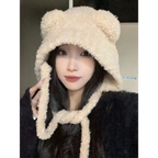 Plush Bear Ear Knit Beanie with Lace-Up Ties - Hoodies & Sweatshirts - Headwear - 9