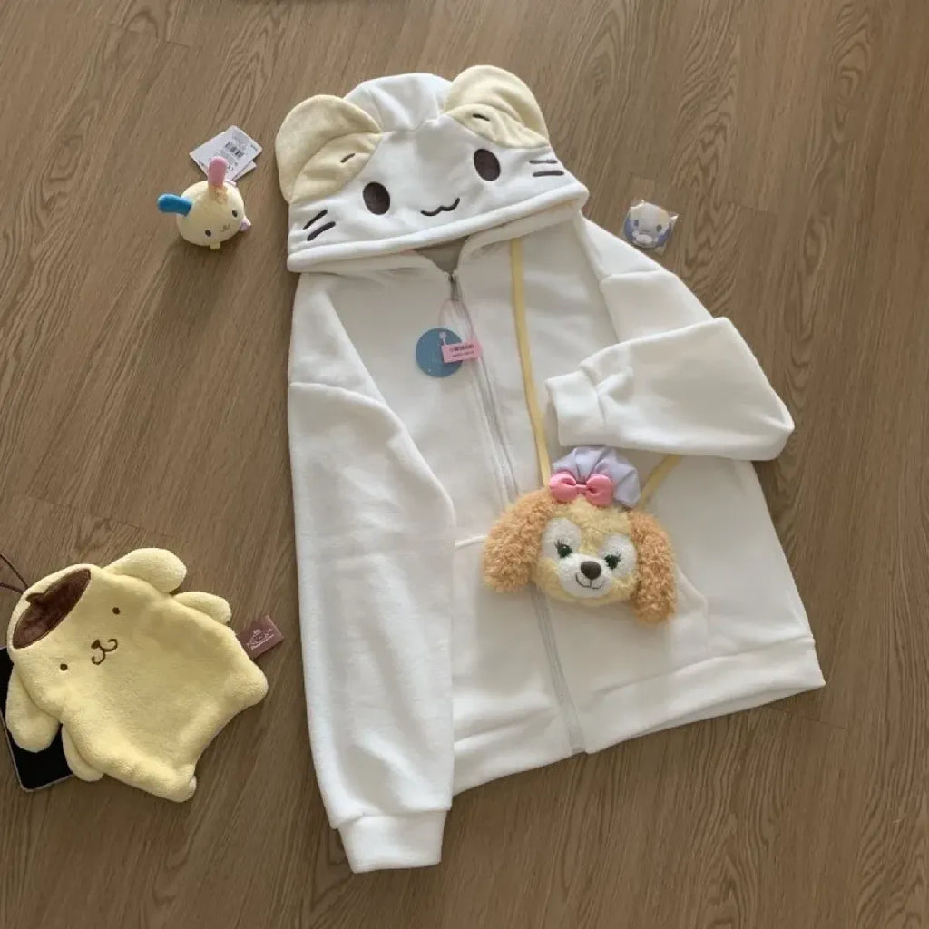 Beige Cutecore Cat Fleece Hoodie With Zipper - Women’s Clothing & Accessories - Hooded - Women’s Hoodies - 2