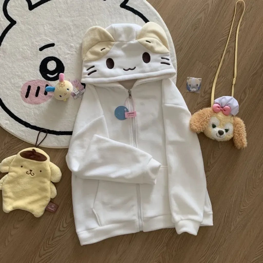 Beige Cutecore Cat Fleece Hoodie With Zipper - Women’s Clothing & Accessories - Hooded - Women’s Hoodies - 5