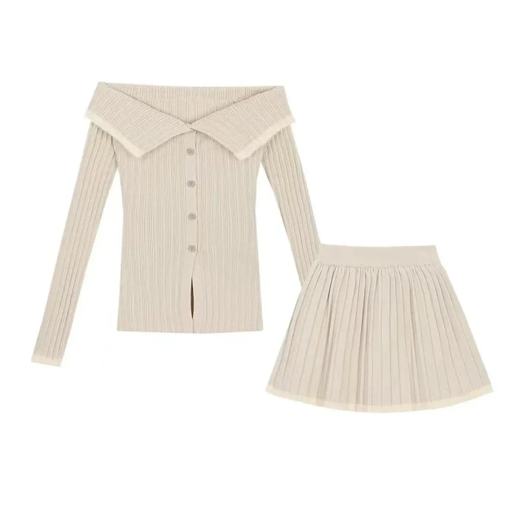 Beige Knit Two-Piece Set – Collared Cardigan & Pleated Skirt - Bottoms - Long - Other - Sets - 4