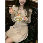 Beige Knit Two-Piece Set – Collared Cardigan & Pleated Skirt - Bottoms - Long - Other - Sets - 2