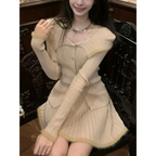 Beige Knit Two-Piece Set – Collared Cardigan & Pleated Skirt - Bottoms - Long - Other - Sets - 1