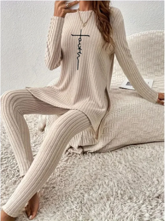 Beige Ribbed Knit Two-Piece Set – Split Long Sleeve Top & Pants - Bottoms - Outfit Sets - 2025 - 1 - Worldwide Shipping