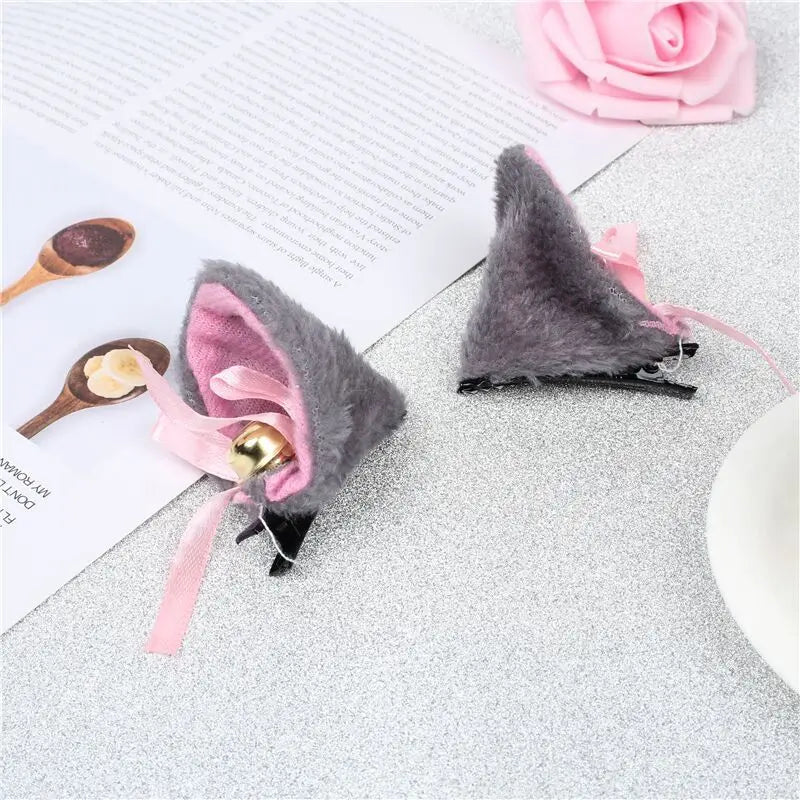 Cat Ears with Bell Hair Clip - Fox Long Fur Hairpins - Cosplay Anime Costume - Gray - Anime - Headwear - 12 - 2024