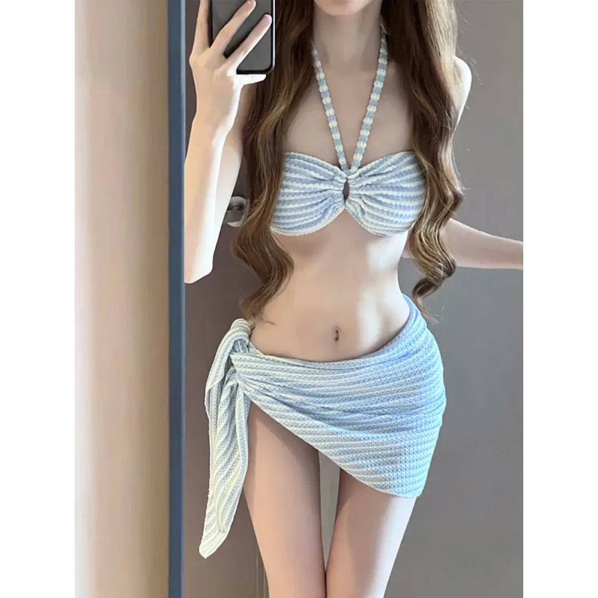 Striped 4-Piece Bikini Set – Halter Top Sarong Cover-Up Summer Swimwear - Swimsuits - Swimwear - 1