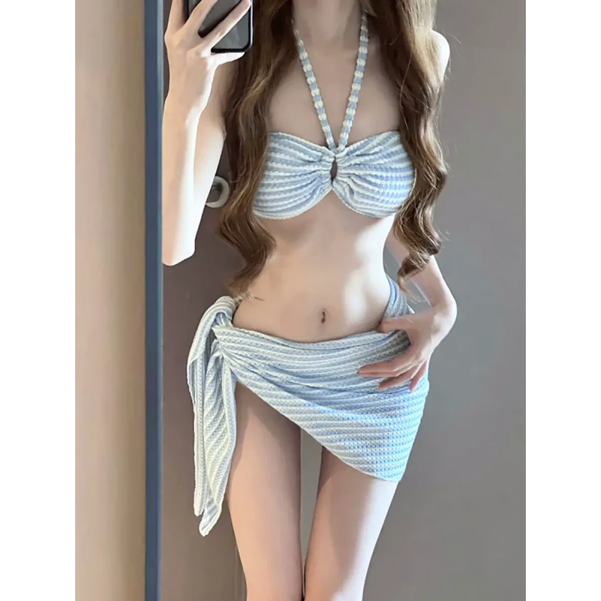 Striped 4-Piece Bikini Set – Halter Top Sarong Cover-Up Summer Swimwear - Swimsuits - Swimwear - 3