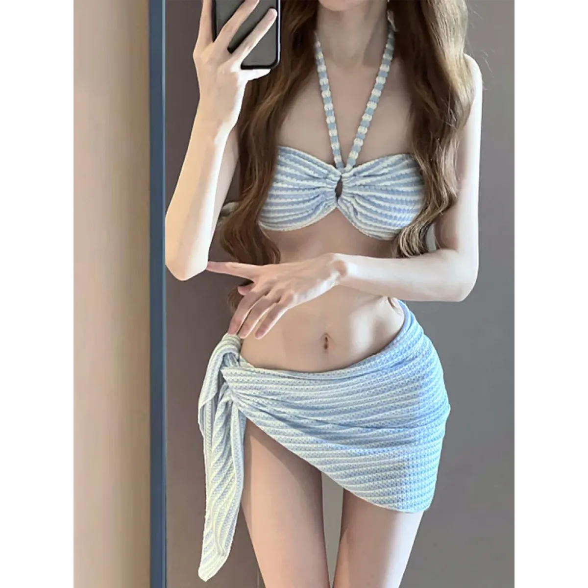 Striped 4-Piece Bikini Set – Halter Top Sarong Cover-Up Summer Swimwear - Swimsuits - Swimwear - 5