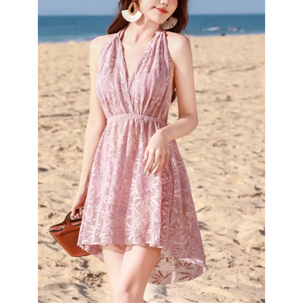 Pink Korean Lace-Up Bikini Set with Cover-Up - Swimsuits - Swimsuits - 2